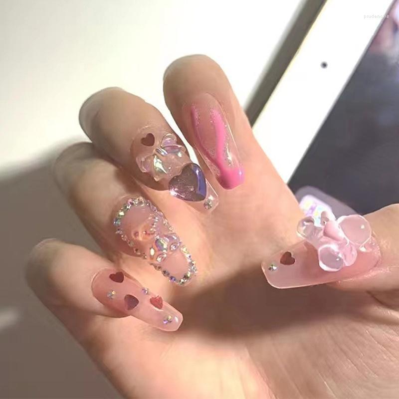 

False Nails 24pcs Reusable Rhinestones Bow-knot Long Coffin Press On With Glue Sticker Flame Heart Nail Art Tips Set Manicure Supplies Prud2