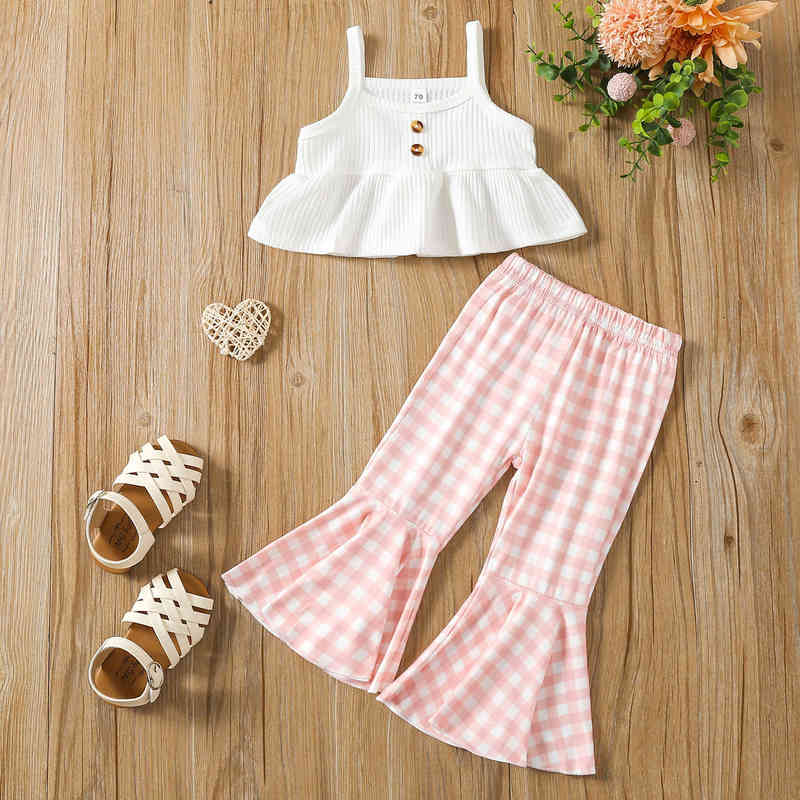 

Citgeett Summer Baby Girls Suit Sleeveless Ruffle Zoom Ribbed Sling Tops Plaid Pattern Elastic Waist Flared Pants J220712, Red