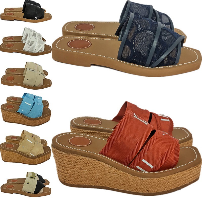 

Ladies Fabric Woody Slippers Flat For Womens Fashion Designer Slides Wedge Heels Peep Toe SandalsPlatform Floral Letters Mules sandale Size 36-42 Woman Shoes, Shoesbox