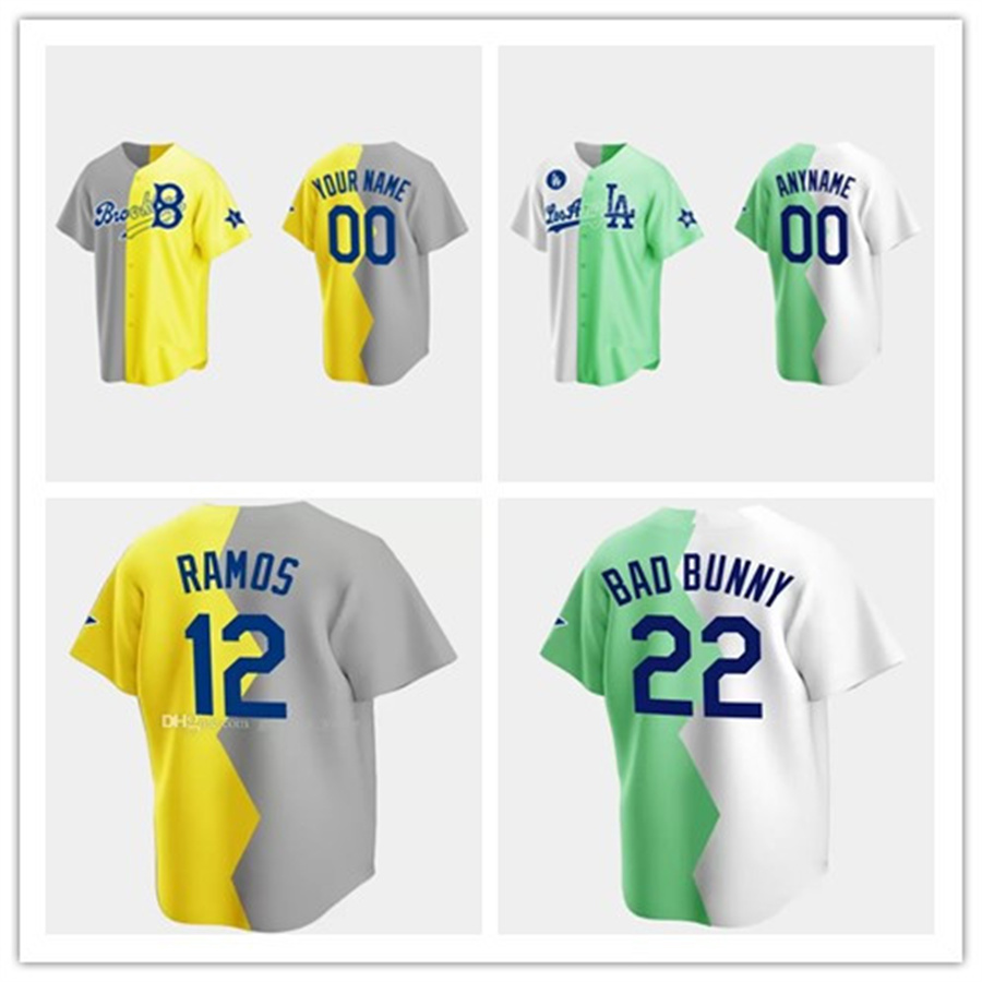 

2022 All-Star Celebrity Softball Game Baseball Jerseys 22 Bad Bunny 16 Andre Ethier 15 Shawn Green26 Joel McHale 23 JoJo Siwa 2 Bryan Cranston Women Youth LA Brooklyn, Youth white-green