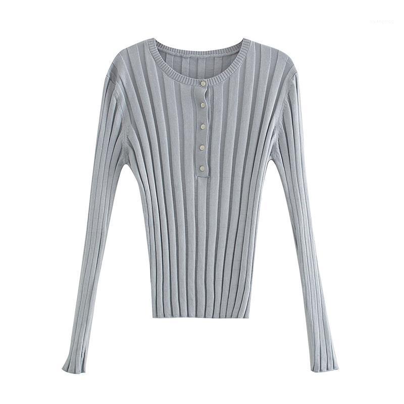 

Elegant Women O-Neck Shirt 2022 Fashion Ladies Full Sleeve Button Blouse Causal Female Streetwear Slim Knitted Tops Chic Girl Women's, Blue