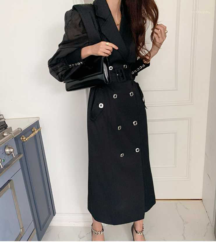 

Casual Dresses Autumn Elegant Solid Women Dress Fashion Korean Long Sleeve Button Slim A Line Streetwear Midi, Black
