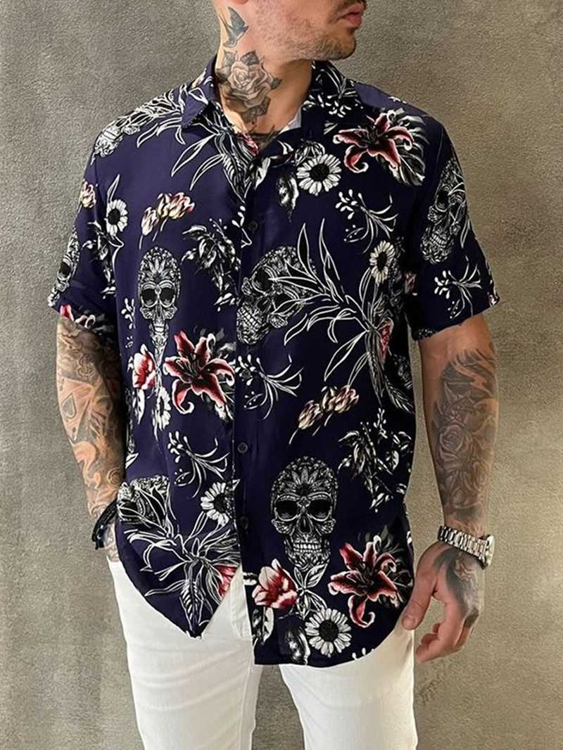 

Men's Casual Shirts Men Vintage Fashion Floral Print Skull Pattern Mens Turn-down Collar Button Chemise Summer Hawaii Short Sleeve TopMen's, Pj-4
