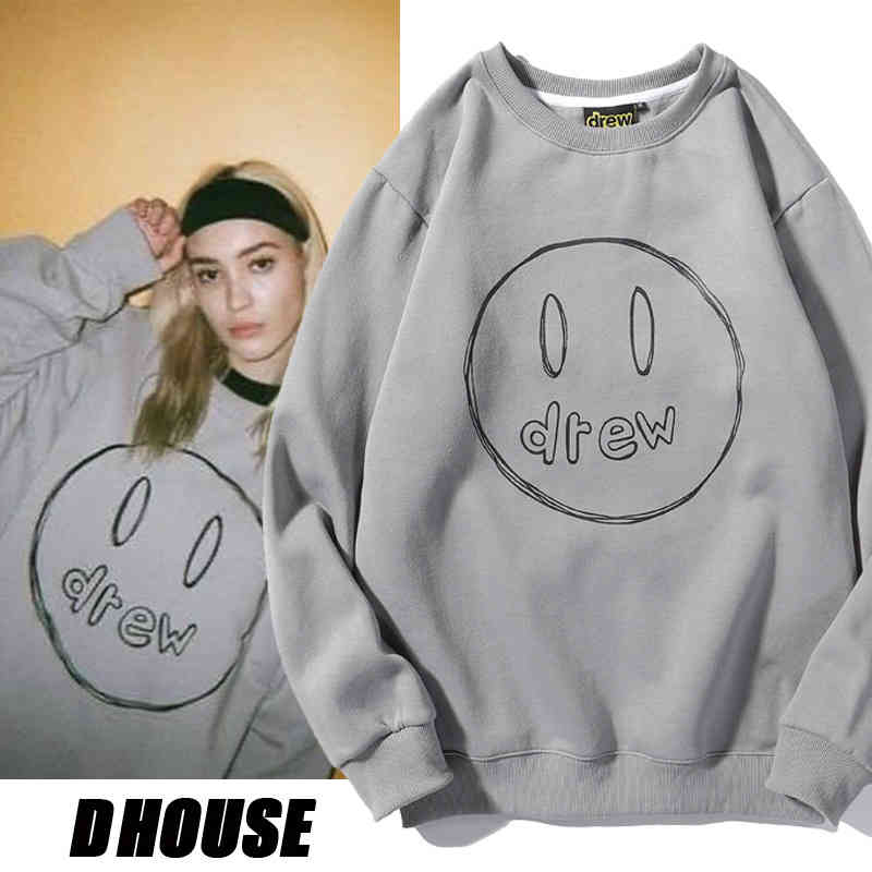 

Justin Bieber's Same High Street Style Dhouse Graffiti Drew Smiling Face Plush Men's and Women's Couple's Sweater Trend, Gray