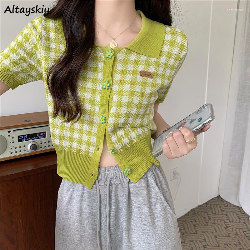 

Women's Knits & Tees Cardigan Women Sweet Thin Summer Crop Short Sleeve Ulzzang Fashion Elegant Plaid Girls Harajuku All-match Daily Design, Green