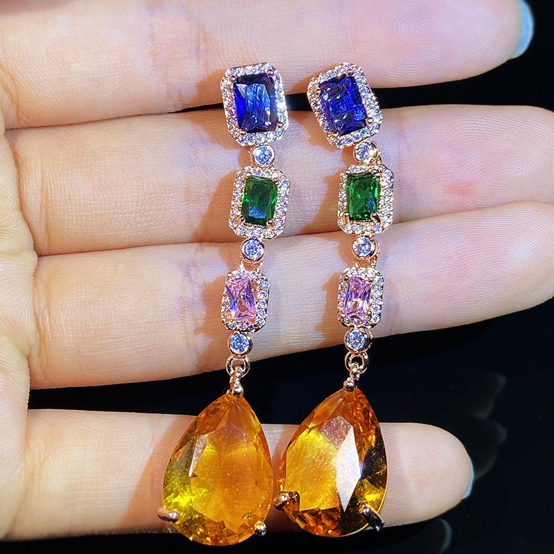 

Dangle & Chandelier 925 Silver Fantasy Zircon Colorful Gem Tassel Earrings Retro High-definition Fan-shaped Fashion Dinner Temperament