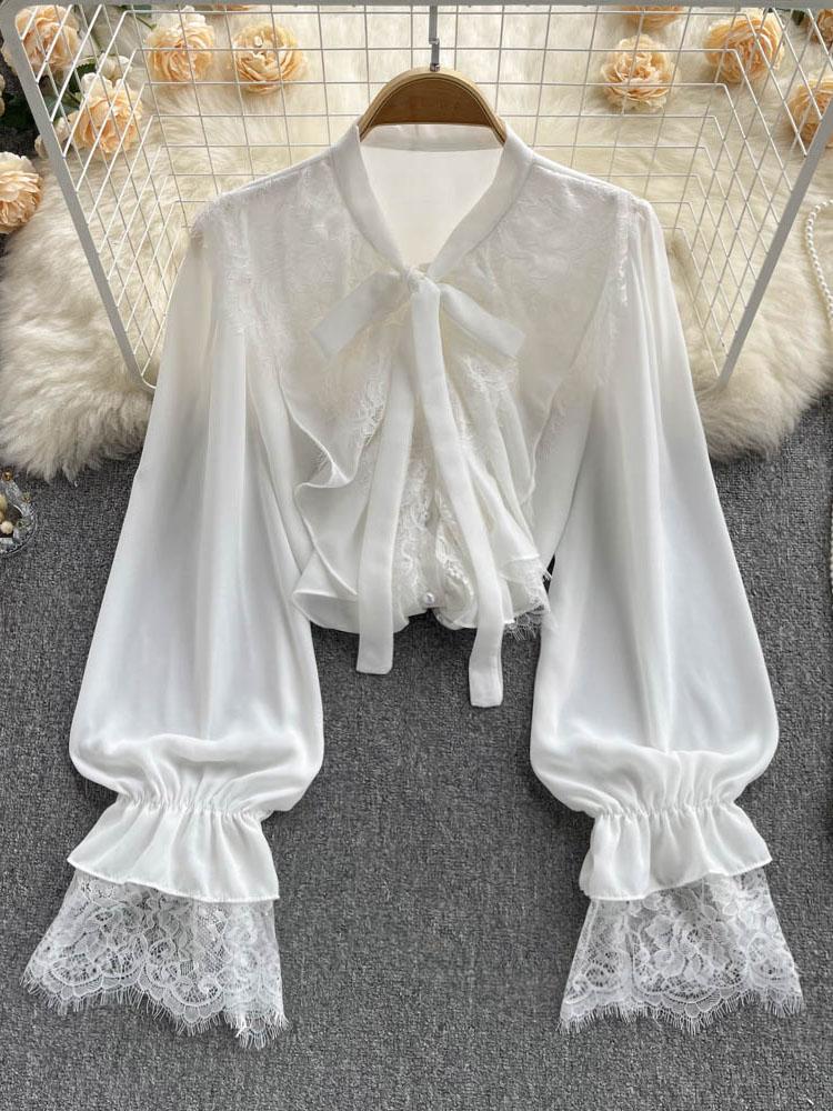 

Women's Blouses & Shirts Autumn French Gentle Wind Ruffled Age-reducing Super Fairy Shirt Stitching Lace Chiffon Long-sleeved Loose Blouse W, White
