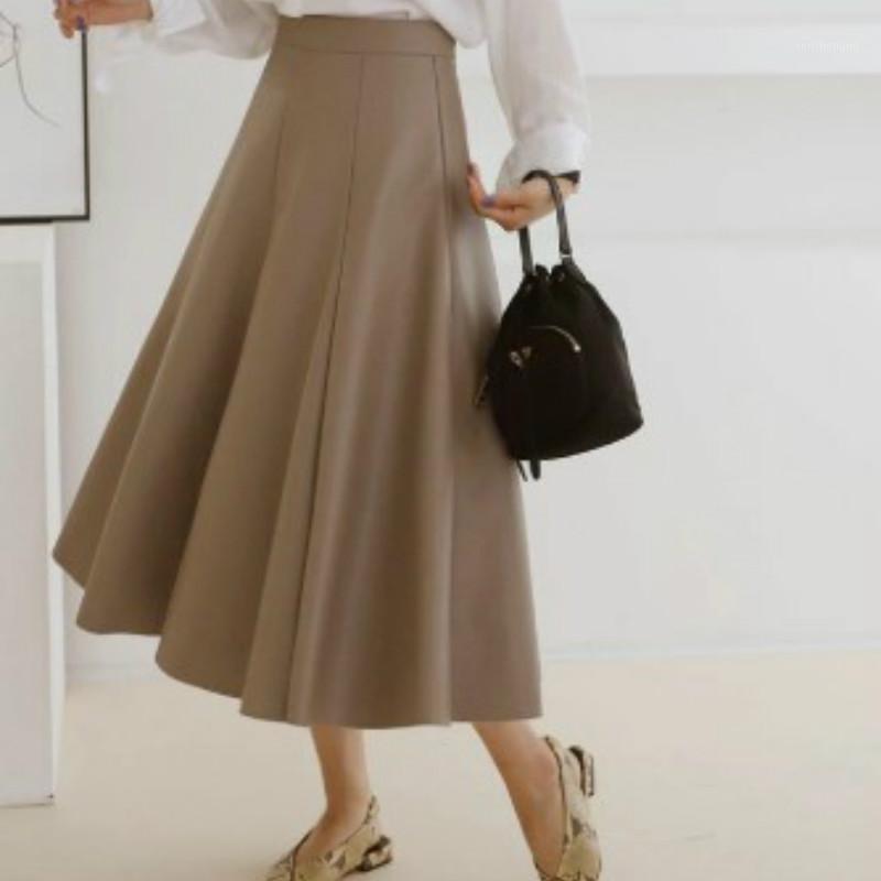 

Faux Leather High Waist A Line Flared Skirts Women Brown Black Solid Colors PU Elegant Midi Skirt 2022 Spring Wear, Beige skirt women