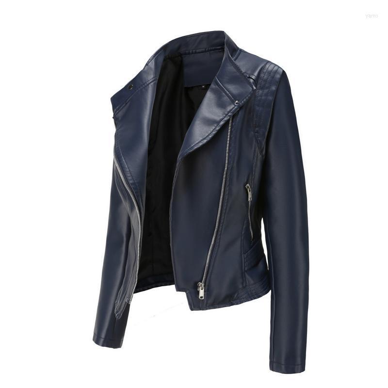 

Women' Jackets Autumn Ins Women Faux Leather Jacket Biker Navy Coat Turndown Collar Pu Motorcycle Slim Streetwear Outerwear #t3g