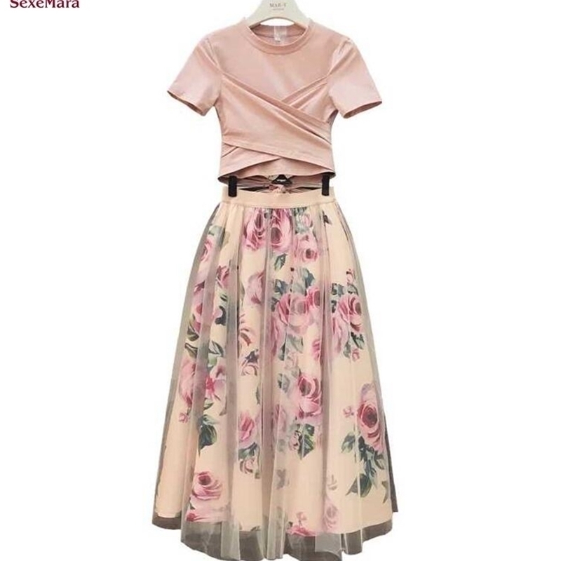 

SexeMara Real s cross wrap chest slim short printed mesh twopiece large swing skirt suit Y200326, Long sleeve top only