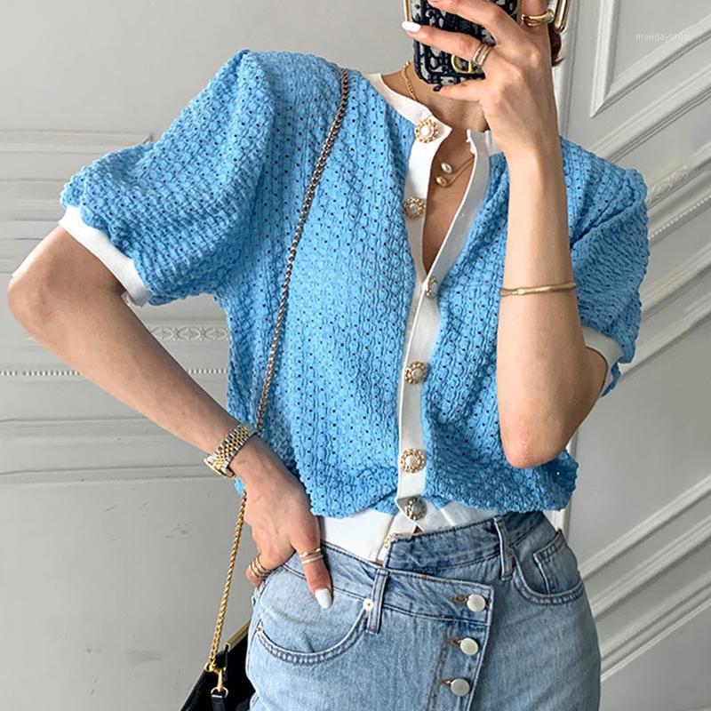 

Women's Blouses & Shirts Korean Chic Summer French Retro Round Neck Hit Color Edging Single-Breasted Loose Jacquard Puff Sleeve Shirt, Blue