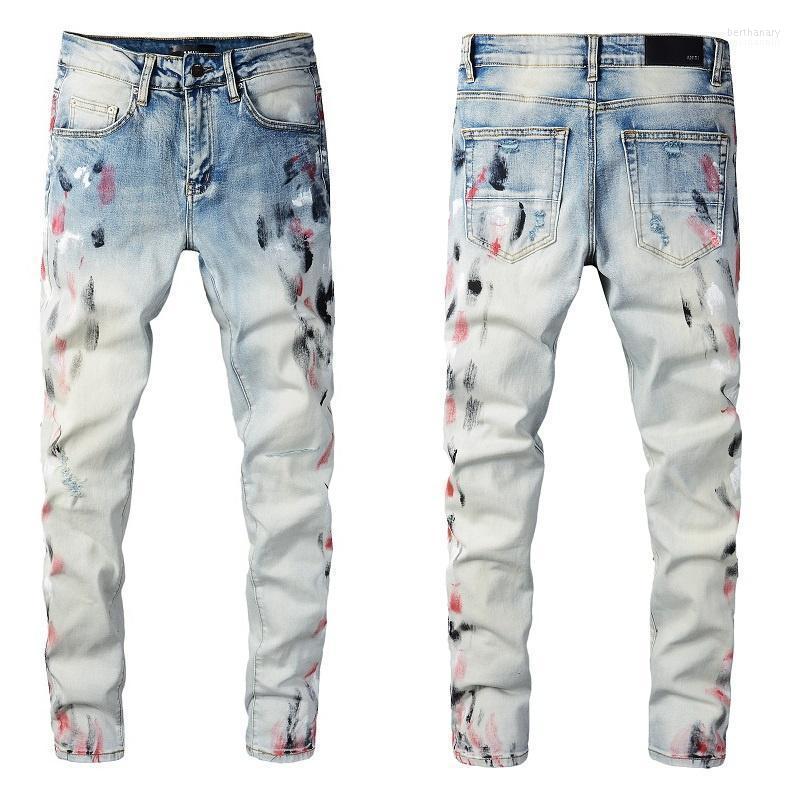 

Men's Jeans High Quality AMR Paint Ripped Streetwear Men Jean Skinny Stretch Denim Pencil Pants Trendy Holes Tapered Motorcycle Bert22, Blue