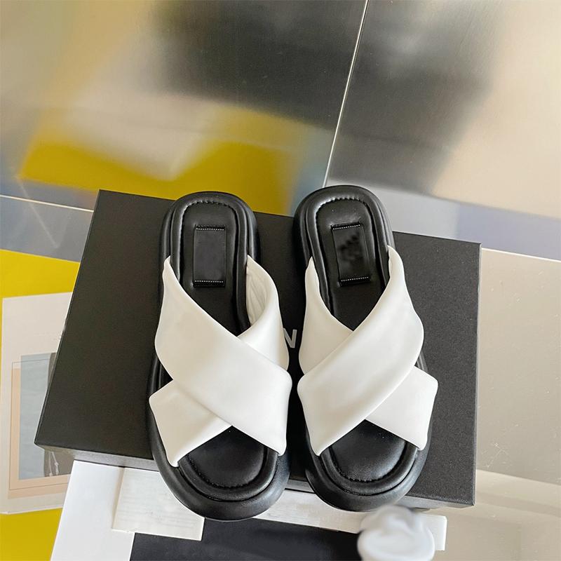 

2022 Designer Women Sandal Leather Slides Mules Shoes Black White Cross Straps Vintage Summer Beach Slipper With Box, As pic