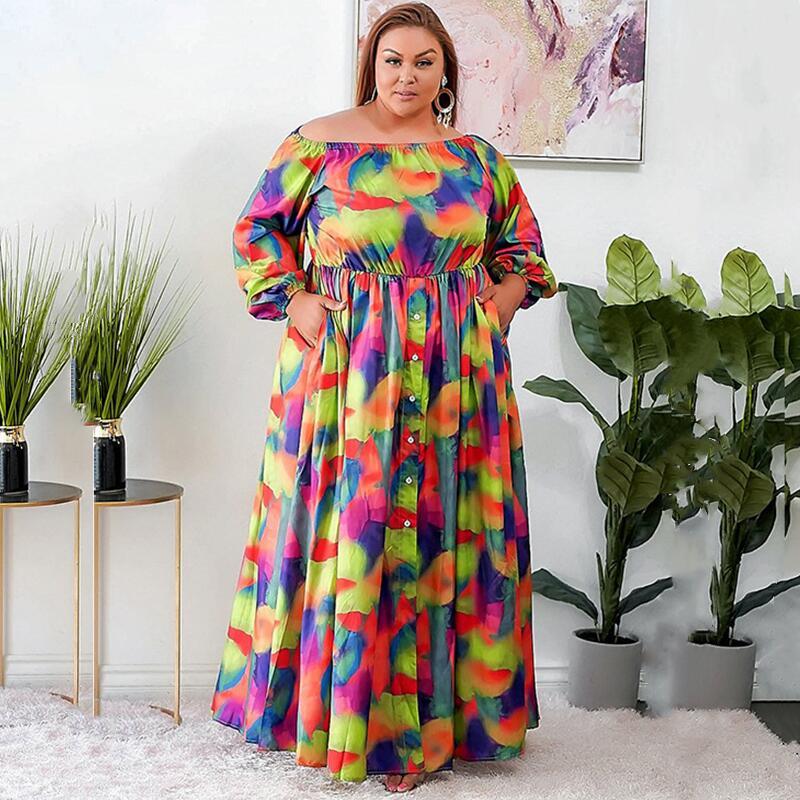 

Plus Size Dresses Women Office Ladies Elegant Maxi Dress Long Sleeve Elastic Waist Evening Party Drop WholesalePlus, Multi