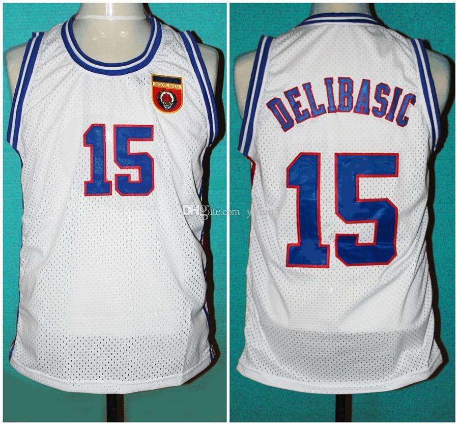 

Team Yugoslavia European Jugoslavija #15 Mirza Delibasic Retro Classic Basketball Jersey Mens Stitched Custom Number and name Jerseys, White
