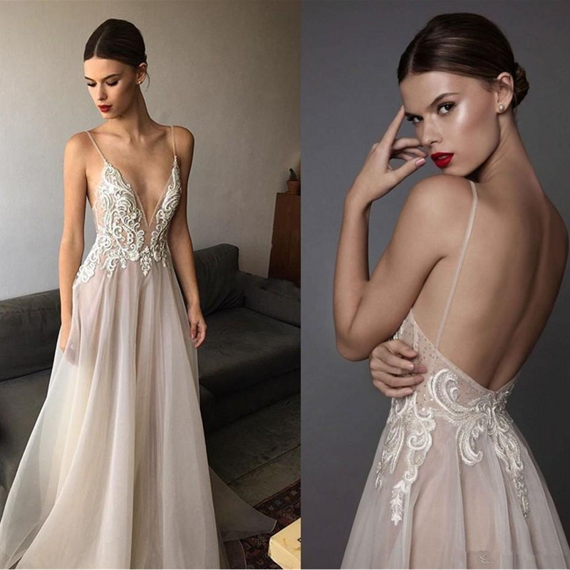 

Sexy Ivory Berta Evening Dresses Deep V Neck Spaghetti Straps Embroidered Chiffon Backless Summer Illusion Long Prom Dresses, Same as picture