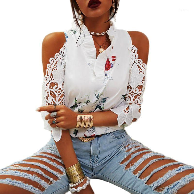 

Women' Blouses & Shirts Sexy Off Shoulder Hollow Out Embroidery Shirt Summer Elegant Ruffle V Neck Tops Pullover Women Autumn 3/4 Sleeve Bl, White