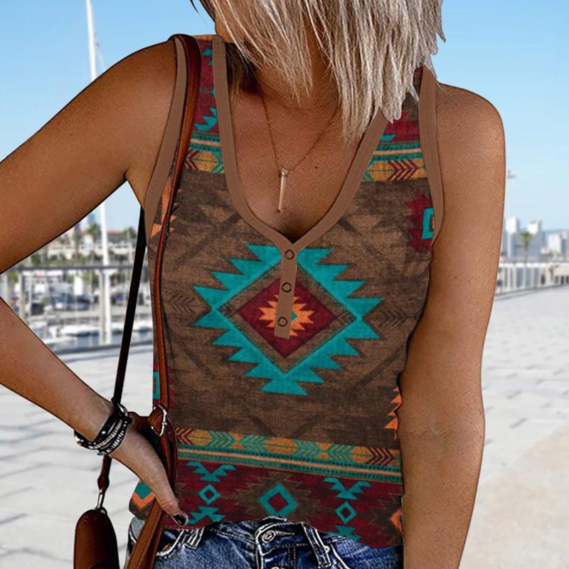 

Women's Tanks & Camis Bohemian Women Ribbed Tank Tops Summer Casual V Neck Sleeveless Knit Henley Tees Shirts Vintage Printed Series Chic Ve, Blue