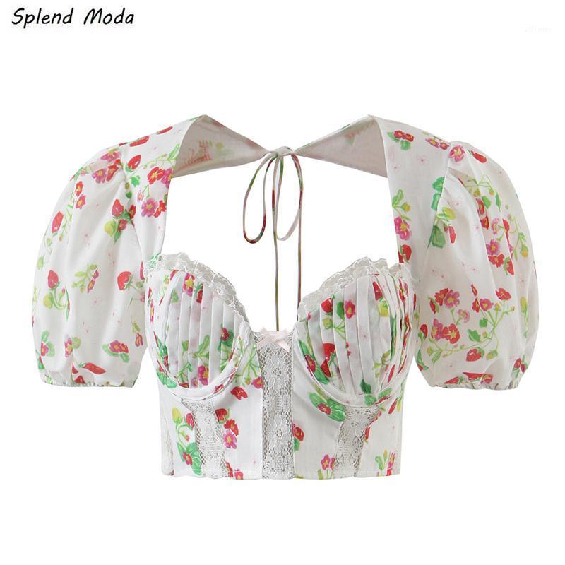 

Women' Blouses & Shirts 2022 Summer Vintage Sweet Square Collar Lace-Up Chic Lace Stitching Printed Puff Sleeve Top Sexy Backless Blouse Wo, Xc0808