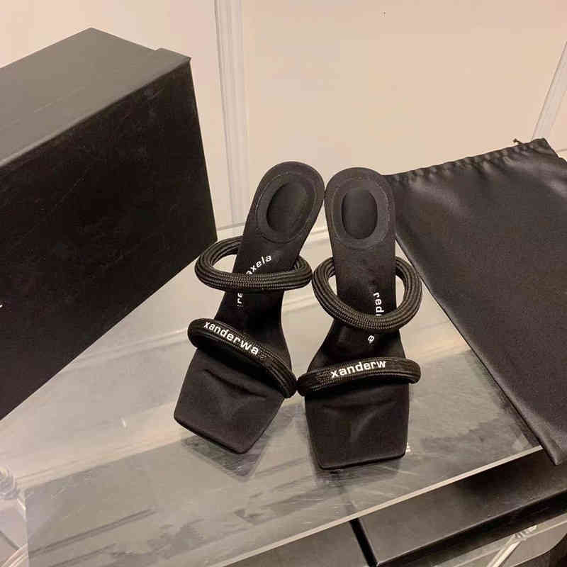 

Sandals Designer Luxury Aw king square flower ribbon black open toed female spring and summer soft bottom thin heel high-heeled sandal 45BV, Box