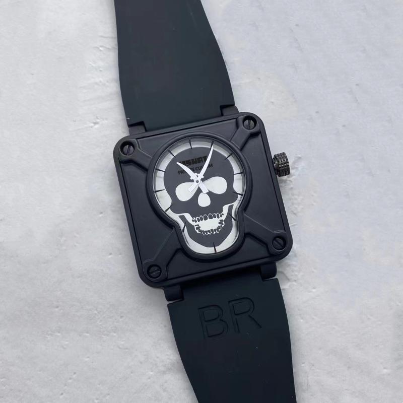 

Wristwatches Rubber Retro Skeleton Skull Men Automatic Mechanical Watch Bell Black Band Mens Self Winding Wrist Watches Reloj RossWristwatch, 15