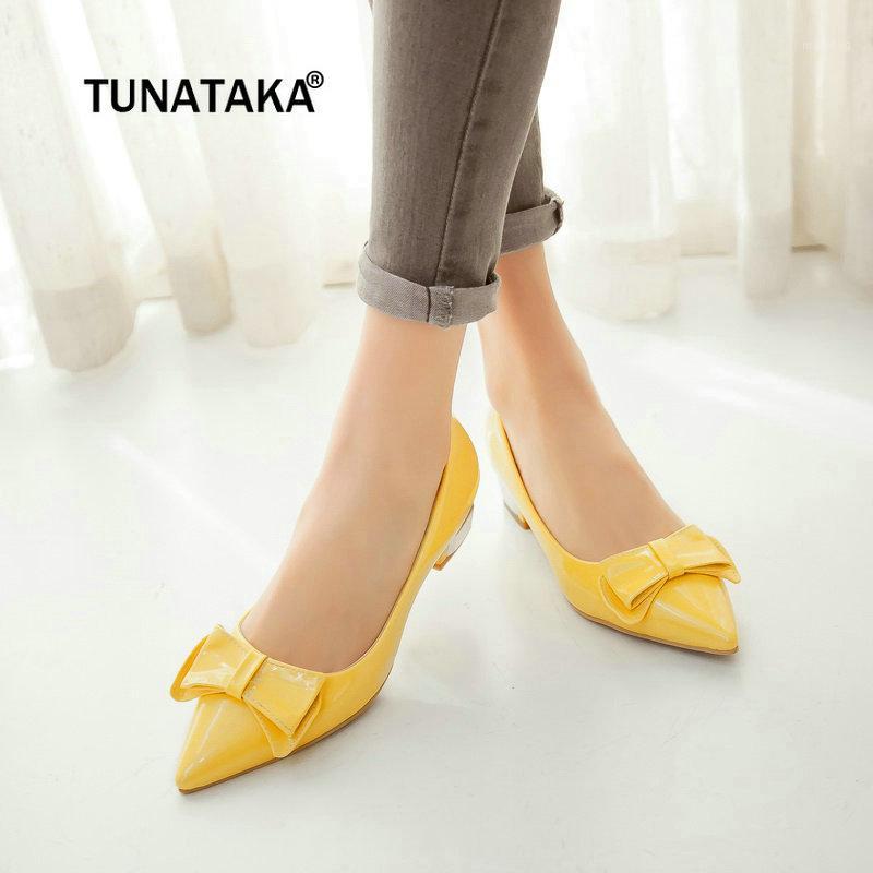 

Sweet Bow Women Mid Heels Shoes Patent Leather Pointed Toe Casual Pumps Big Size White Yellow Black Red 2022