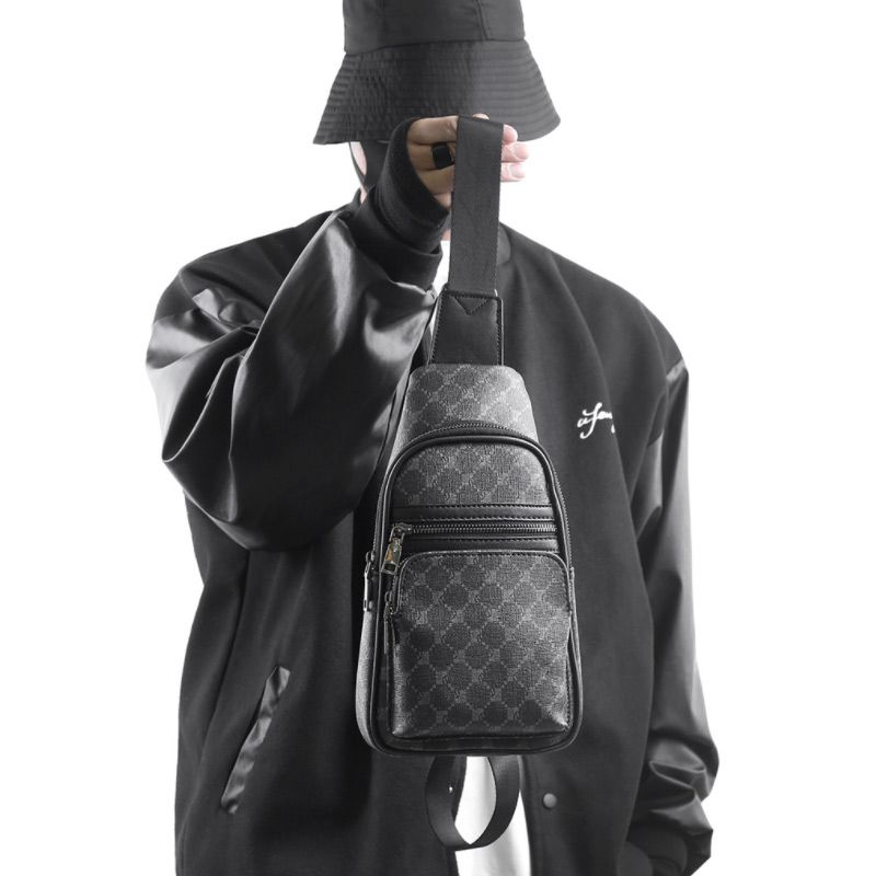

Men's Chest Bags Luxury Designer Plaid Leather Shoulder Crossbody Bag Fashion Business Male Small Zipper Sling Chest Pack Women handbags, With logo