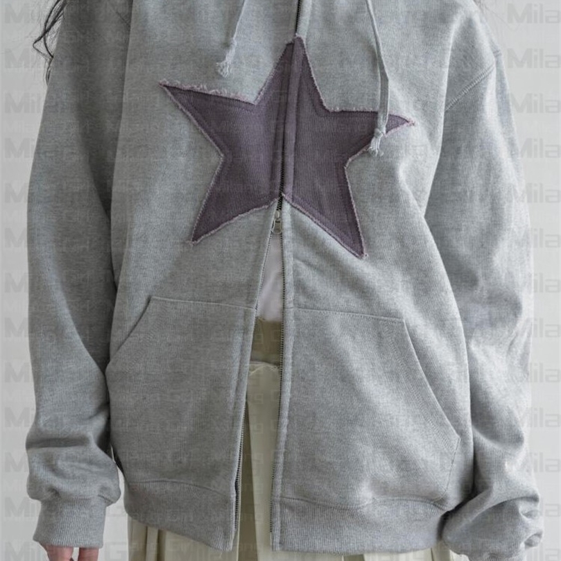 

Patch designs Lucky Stars zipper Hoodie Women Harajuku Vintage HighStreet Sweatshirt Men Loose cardigan Retro Long Sleeve Clothe 220725, Gray