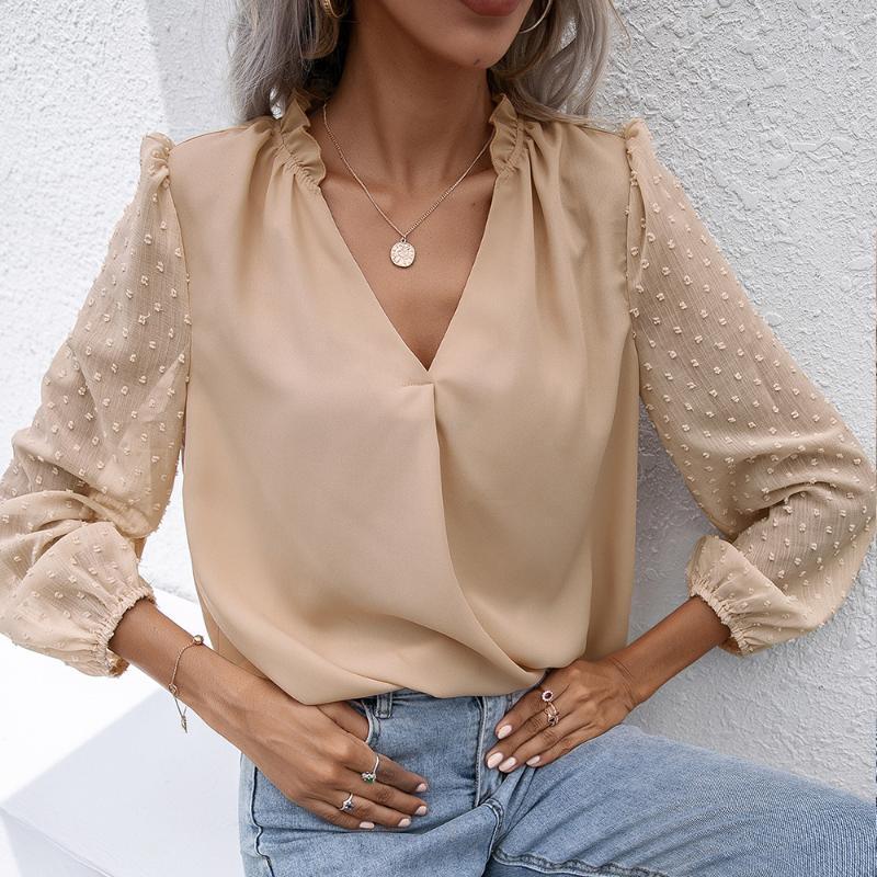 

Women' Blouses & Shirts Casual Women Blouse Sexy V-neck Puff Long Sleeve Spring Autumn 2022 Female Spliced Solid Khaki Navy Blue Office Lad, Black