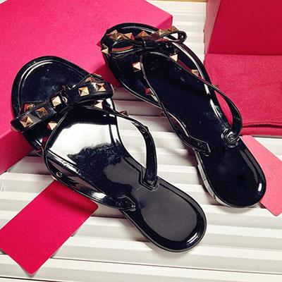 

Hot Sale-2022 fashion bow V flip flops stud beach shoes summer rivets slippers Thong sandals nude, Black
