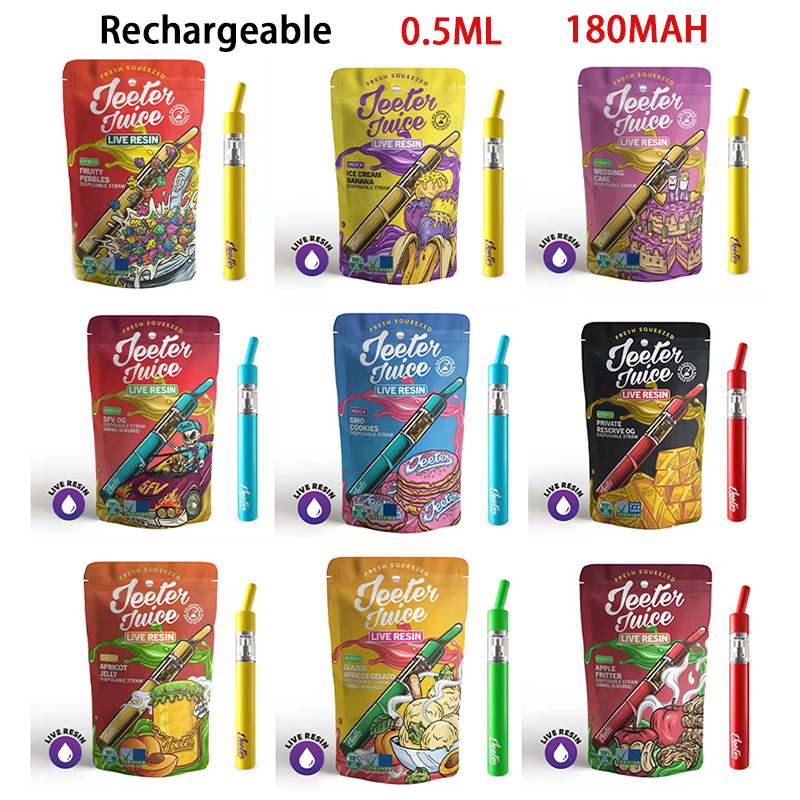 

New 100pcs JEETER 10 Strains Rechargeable E Cigarette 180MAH Colorful E Cigarettes Disposable Vape Pen Empty Cartridges 0.5ml Oil Carts Device Pods Starter Kits