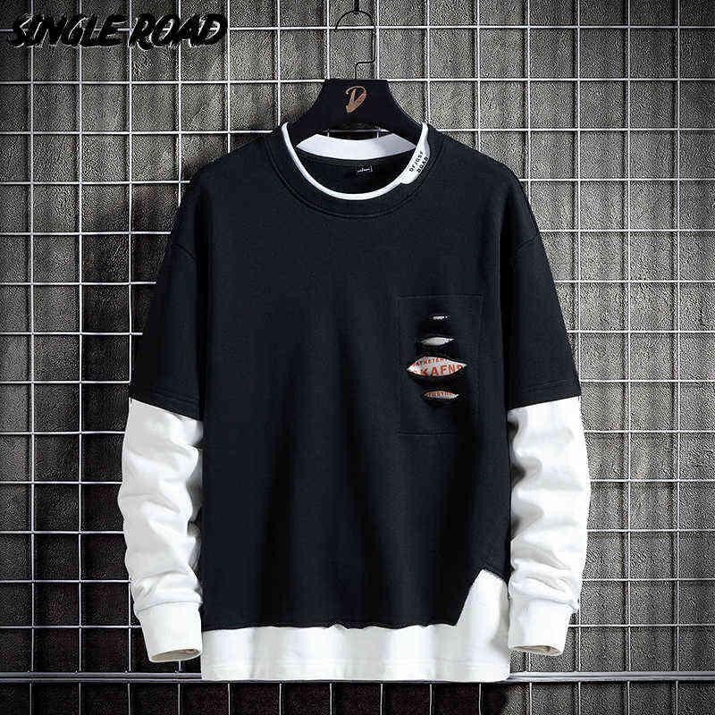 

Single Road Mens Crewneck Sweatshirt Men 2022 Ripped Patchwork Sweatshirts Male Oversized Hip Hop Streetwear Casual Hoodie Men Y220716, Packing bag
