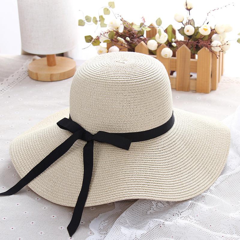 

Wide Brim Hats 2022summer Straw Hat Women Big Beach Sun Foldable Block UV Protection Panama Bone, White