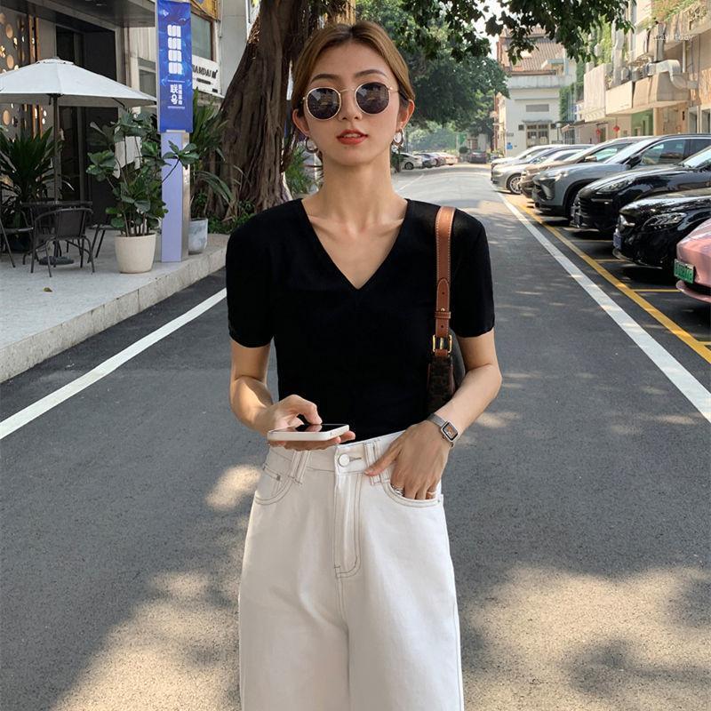 

Women' T-Shirt 2022 Summer Short-sleeved V-neck Sweater Korean Version Of The Slim And Thin Temperament Top, Black