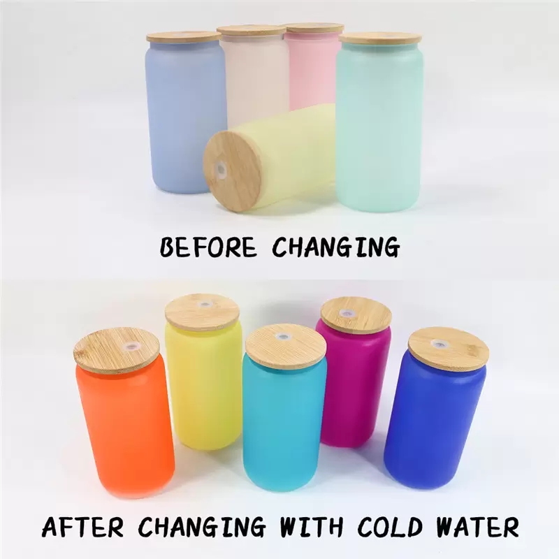 

Wholesale Sublimation Cold Water tumblers Color Change Glass With Wooden Lid 16oz DIY Heat Transfer Wine Tumblers 6colors Drinking Beer Cups B0518303, Mixed colors