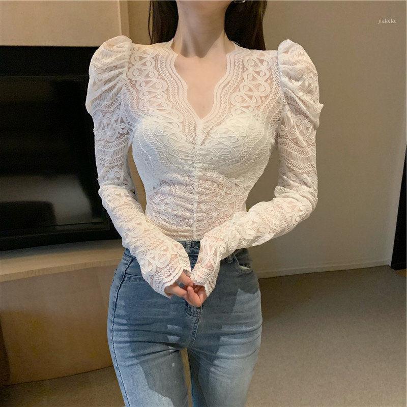 

Women' Blouses & Shirts Women Spring Summer Style Lace Lady Casual Long Puff Sleeve V-Neck Blusas Tops DF3995, Black