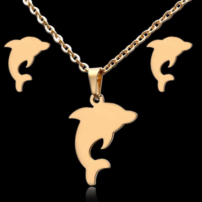 

Earrings & Necklace Stainless Steel Cute Dolphin Pendant Stud For Women Girls Fashion Fine Jewelry Set SAN965Earrings, As pic