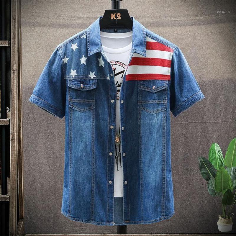 

Men's Casual Shirts 2022 Summer Trendy Denim Shirt Business Fashion Cotton Short-Sleeved National Flag Printing Top Cowboy Jacket, Light blue