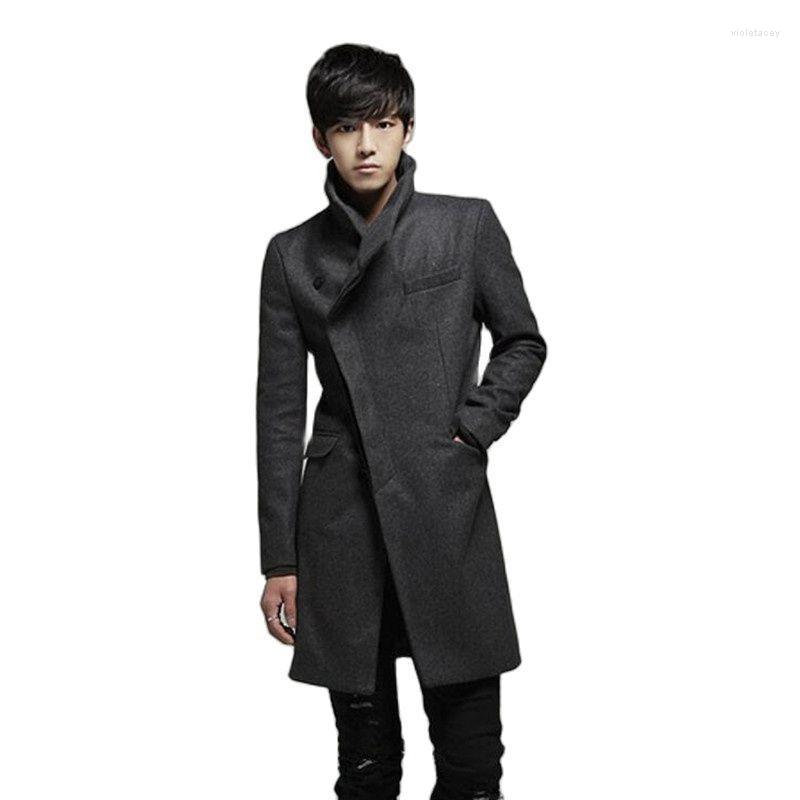 

Men's Trench Coats Autumn Winter Men Korean Fashion Long Coat Slim Fit Wool And Jackets Man England Casual Oblique Placket Overcoat Viol22, China size