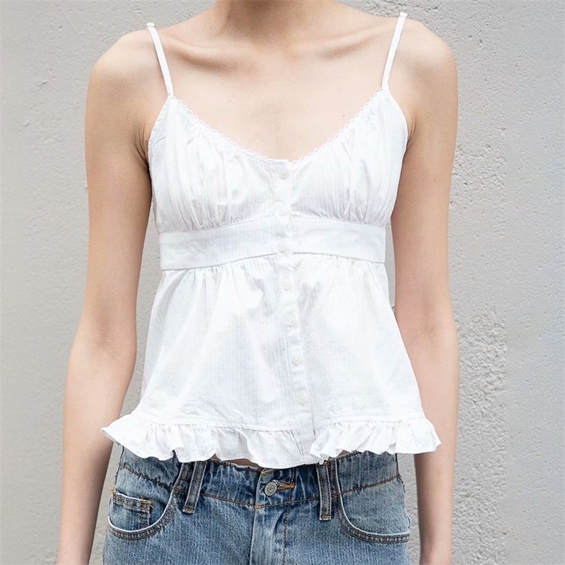 

White Simple Cotton Camis Women Summer Sexy V Neck Sleeveless Ruffles Hem Tank Top Femme Vintage Casual Camis Tops Chic 220407, Print