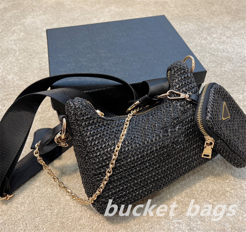 

Trio Fashion Bags Shoulder Bag Striped Contrast Color Straw Bag Crochet Summer Beach Crossbody Pursetop Quality2022 Luxury Designers Clutch Shopping Handbag, Black 25cm