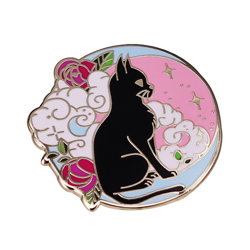 

Pastel Starlight Moon and Cute flowers Cat Badge Brooch, As picture