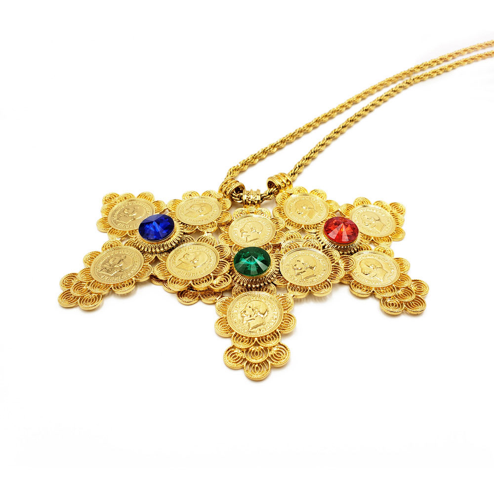 big Coin Cross Pendants 24k Fine Gold Rhinestone RED green Dark blue Jewelry Long Necklaces 24" Africa habesha Ethiopian-image-762013907