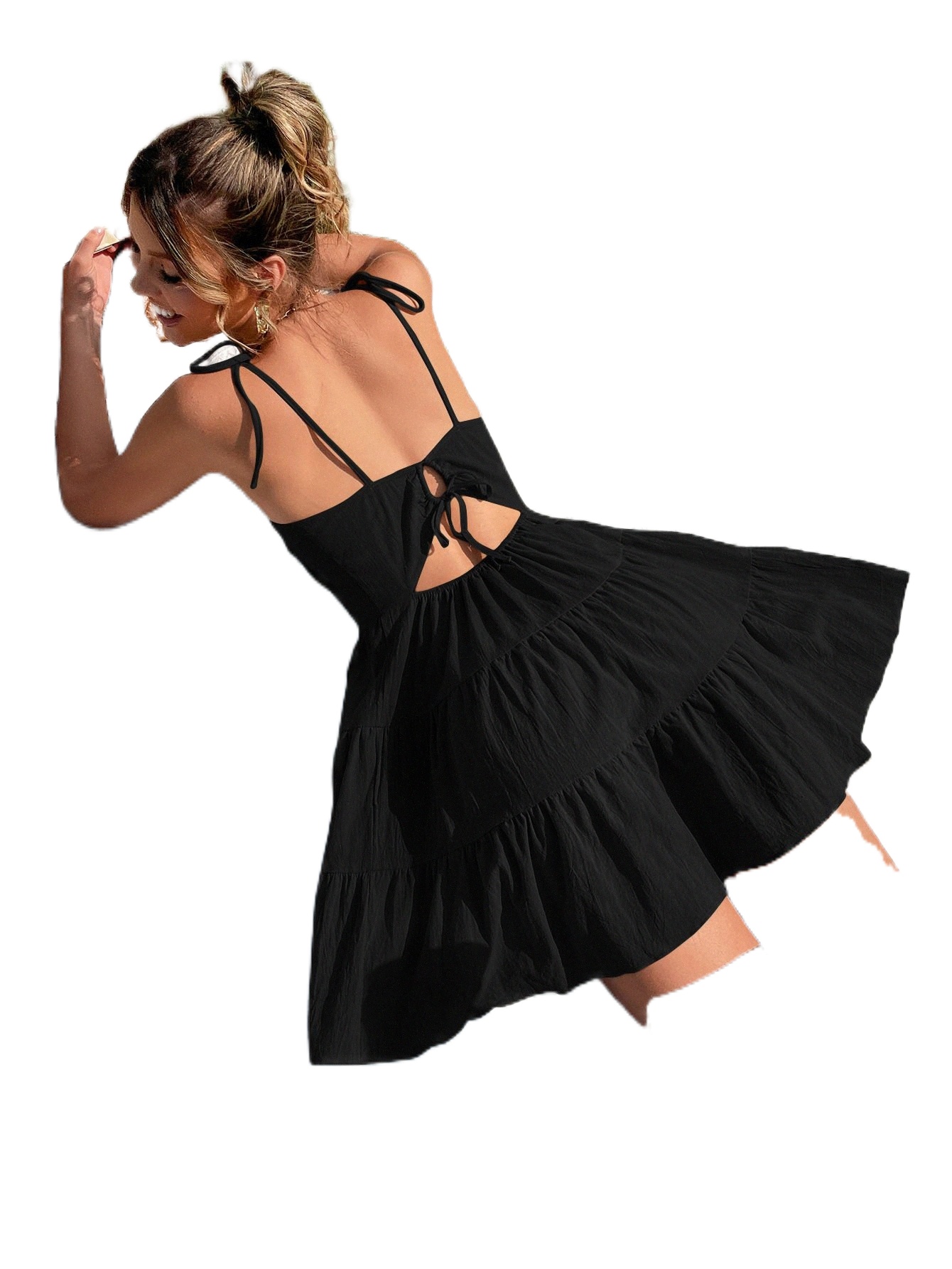 

textured Tie Shoulder Ruffle Hem Cami Dress a6Io#, Black