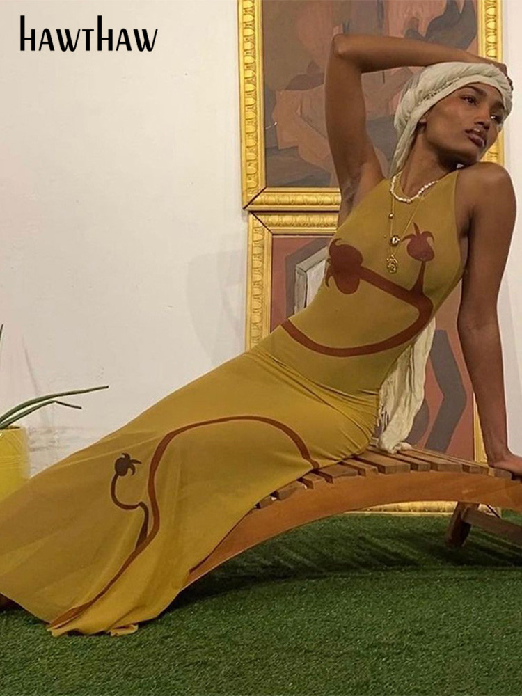 

Hawthaw Women Mesh See Through Bodycon Printed Sleeveless Long Dress 2022 Summer Clothes Wholesale Items For Business Streetwear, Yellow
