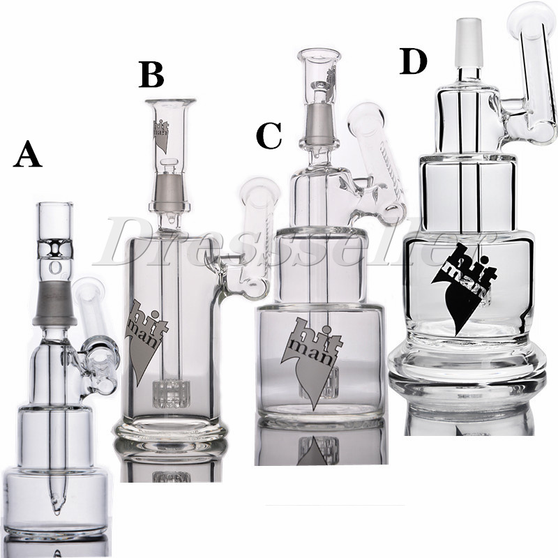 

Transparent Hit Man 14mm Joint Clear Glass Bongs Water Pipes Classic Brilliance Cake Double Recycler Smoking Pipe Dab Rigs