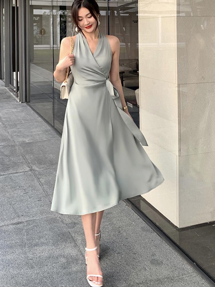 

Casual Dresses Women Summer Sexy Wrap Lace Up Midi Dress Party Split Femme Chic One Piece Robe Bodycon Elegant Clothes Vestidos, Black