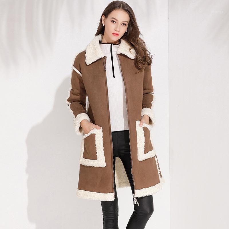 

Women' Trench Coats 2022 Spring Model Lin Yuner Celebrity Inspired Suede Panel Lalambswool Thicken Fashion Long Coat Cotton-Padded, Clear