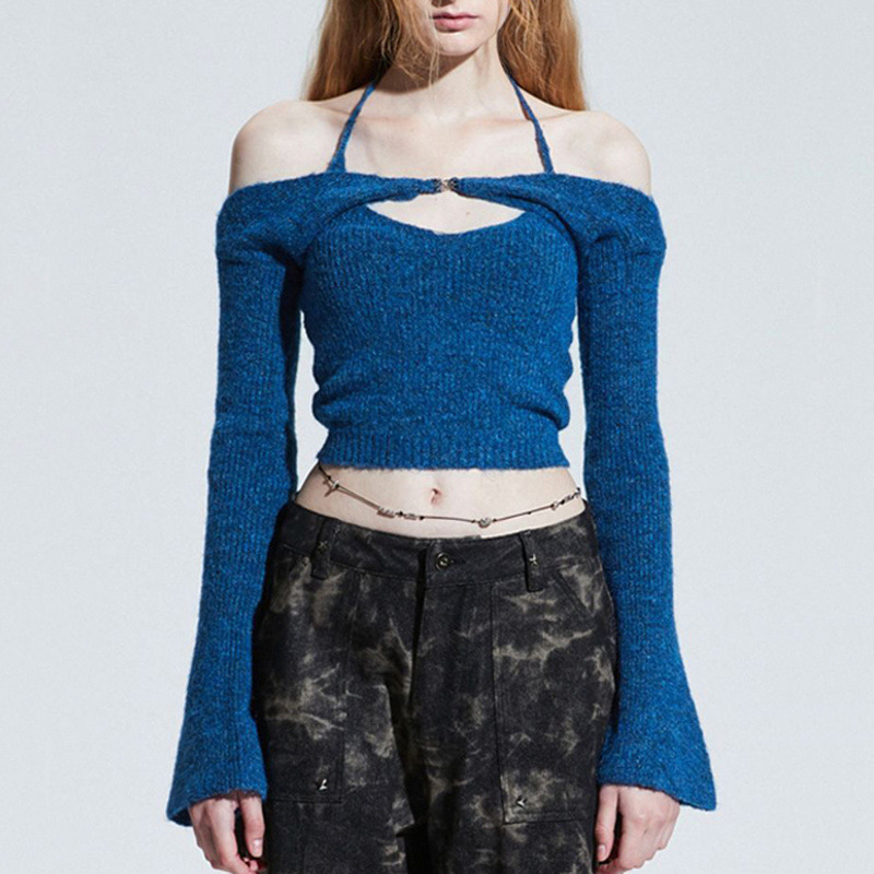 Femmes Y2K tricoté licou haut caraco et manches évasées ensemble haussement d'épaules bleu pull ensemble châle empilé 2 pièces ensemble à manches