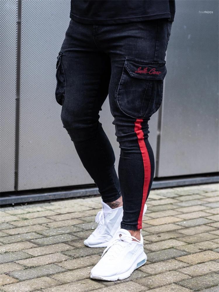 Jeans masculinos masculinos magros letra de bolso listrada marca de safári listrada rasgada Destruída Alongamento Slim Multi-Pocket Calças 4xl Men's